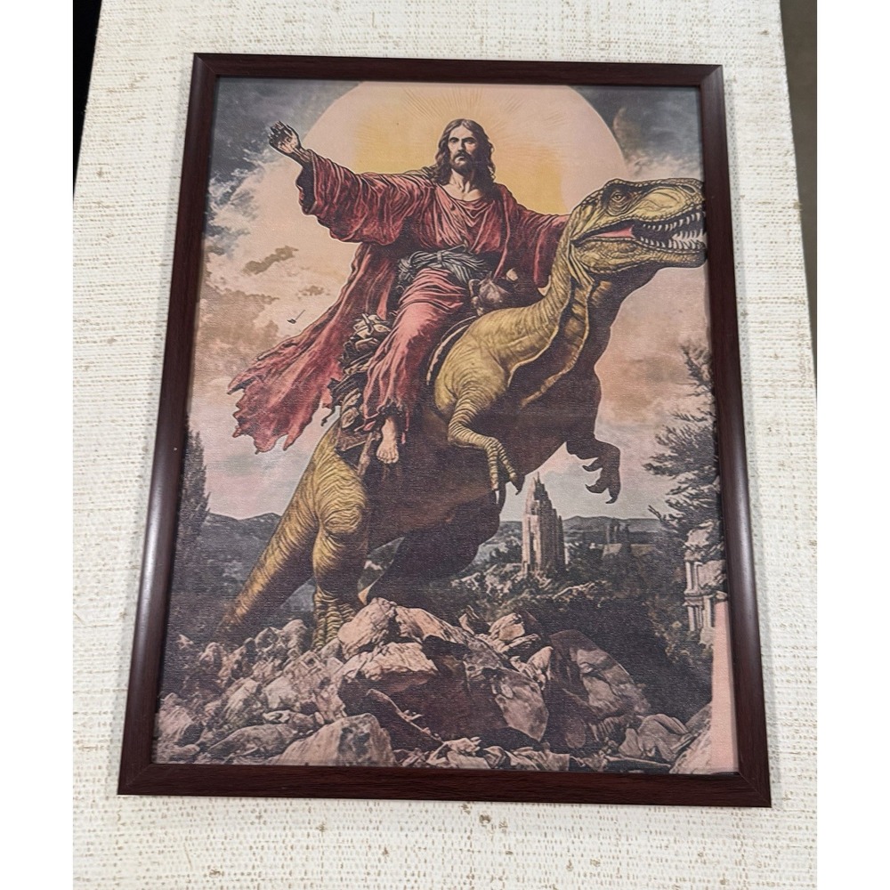 Whimsical Funny Wall Art Jesus Riding A T-Rex Dinosaur 12x16 Framed Print